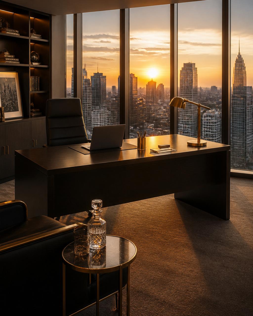 Executive corner office at golden hour overlooking a city skyline