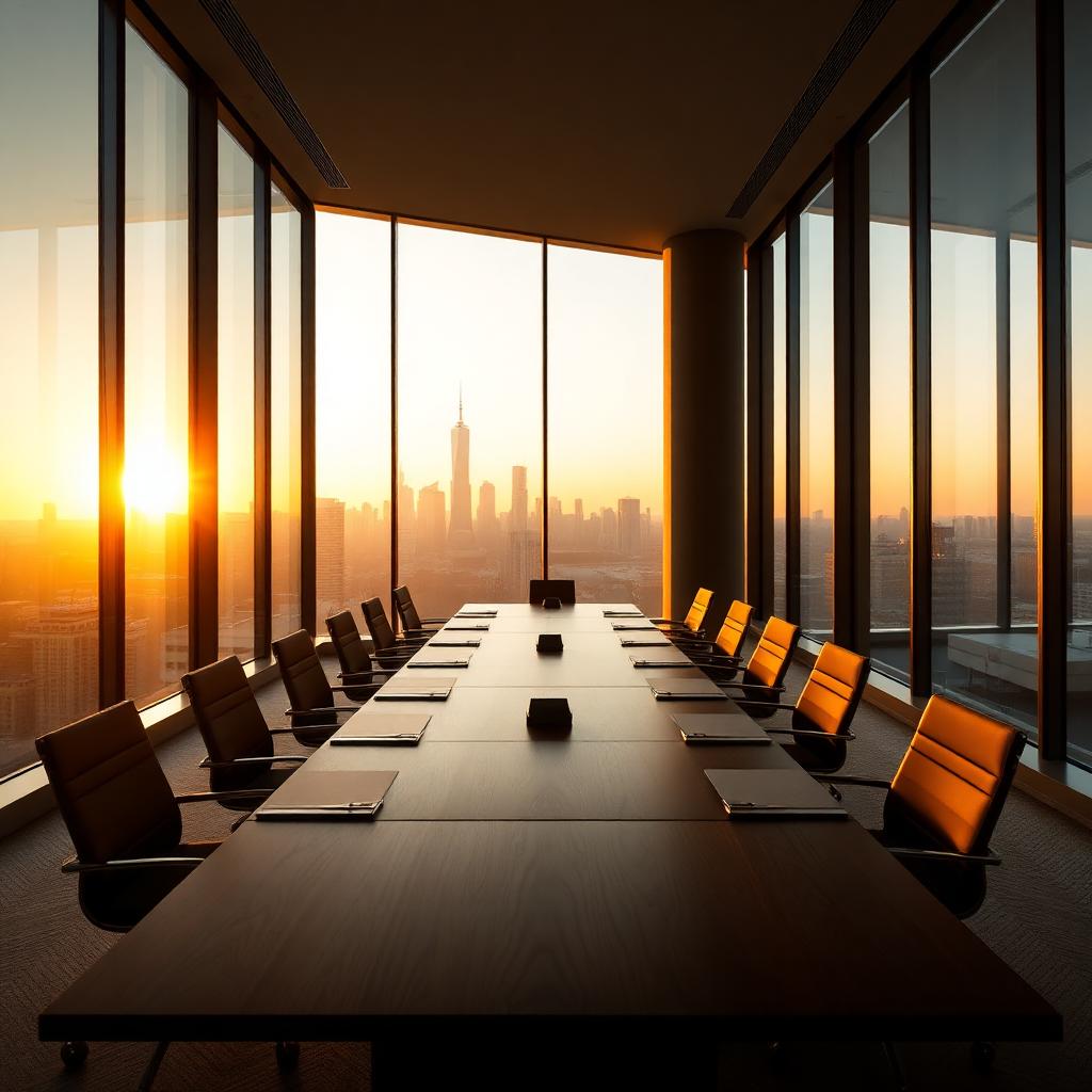 Executive boardroom at golden hour with city skyline view