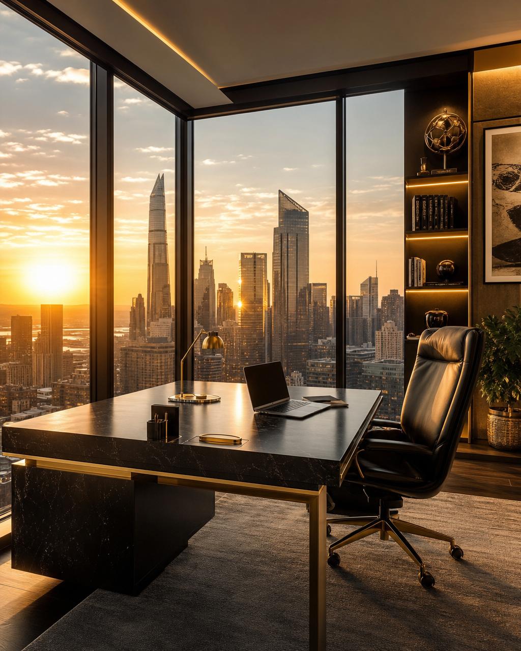 Sophisticated high-rise executive office at golden hour overlooking the city skyline