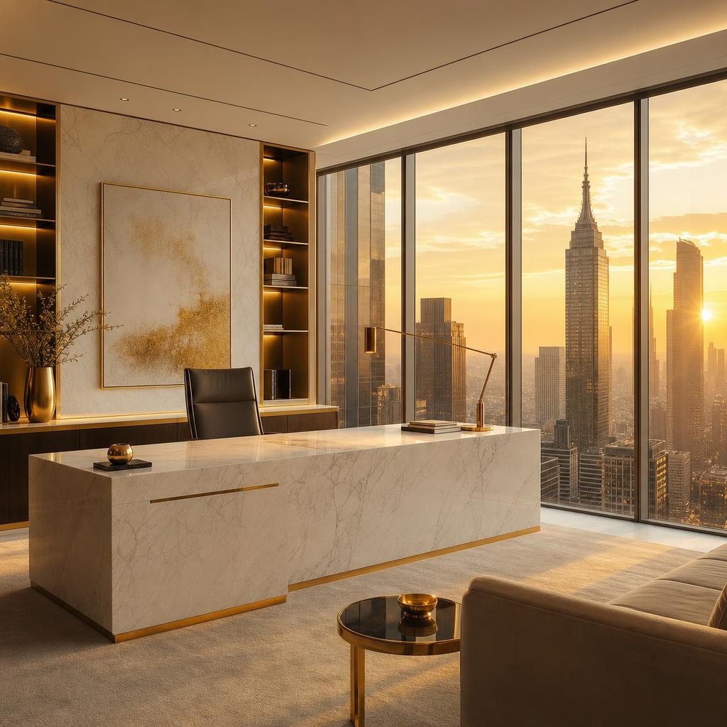 Sleek executive office at golden hour overlooking the city skyline