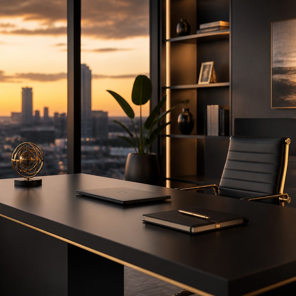 Modern executive office at golden hour with black and gold accents